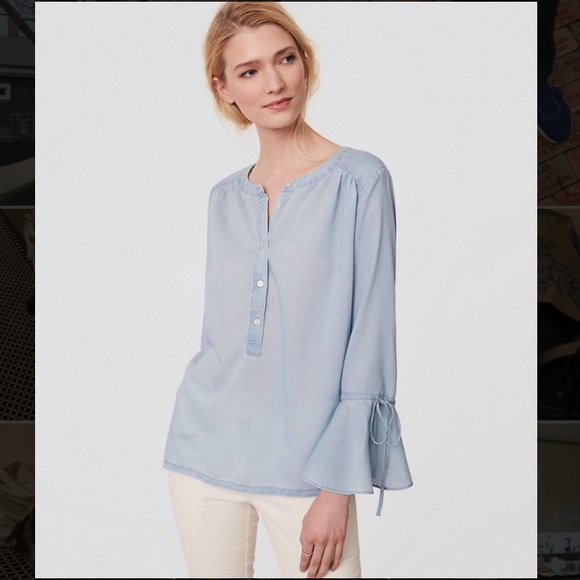 Blue Chambray LOFT Bell Sleeve Blouse - Picture 1 of 5